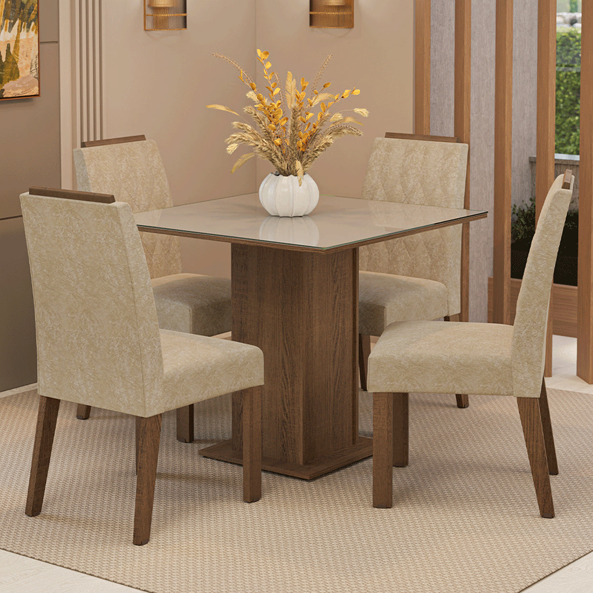 Juego de comedor Capri Marrón y Crema 90x78cm Cuadrado de Cuatro Puestos con Cuatro Sillas - COMEDORES | Bylmo