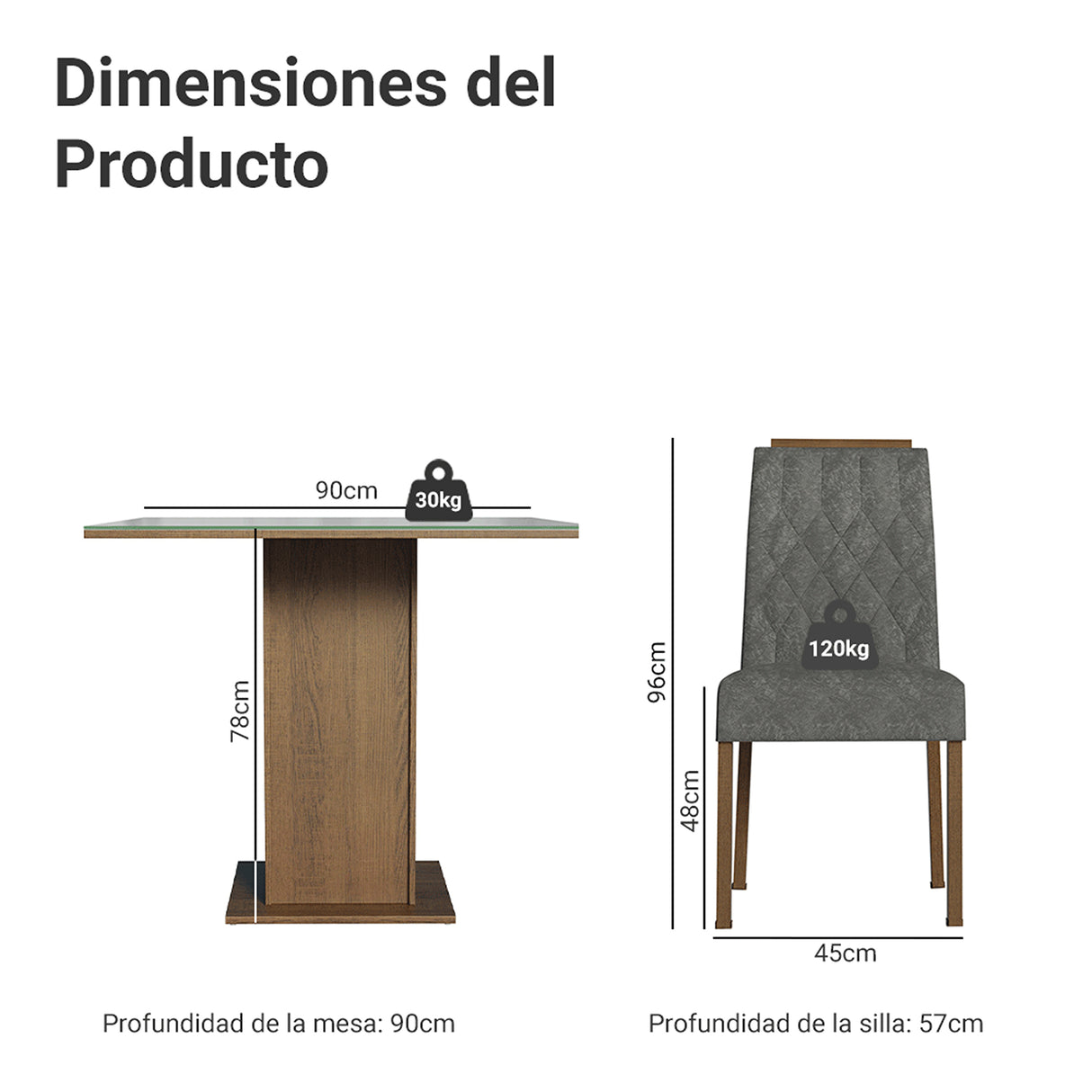 Juego de comedor Capri Marrón y Gris 90x78cm Cuadrado de Cuatro Puestos con Cuatro Sillas - COMEDORES | Bylmo