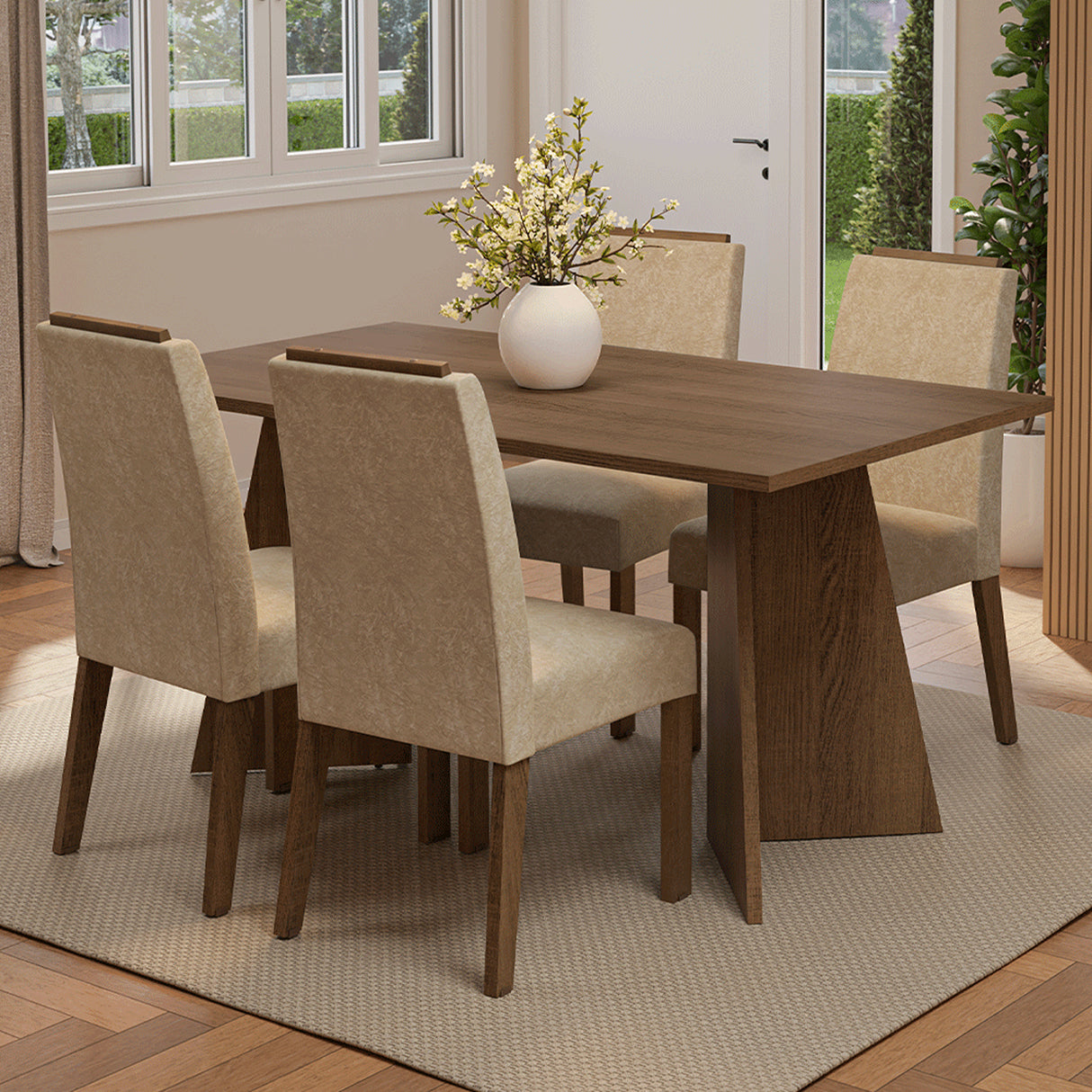 Juego de comedor Évora Marrón y Beige 160x78cm Rectangular de Cuatro Puestos con Cuatro Sillas - COMEDORES | Bylmo