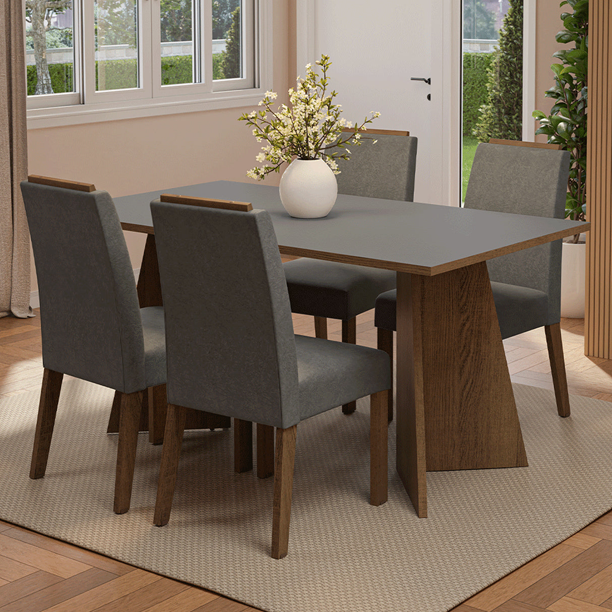Juego de comedor Évora Marrón y Gris 160x78cm Rectangular de Cuatro Puestos con Cuatro Sillas - COMEDORES | Bylmo