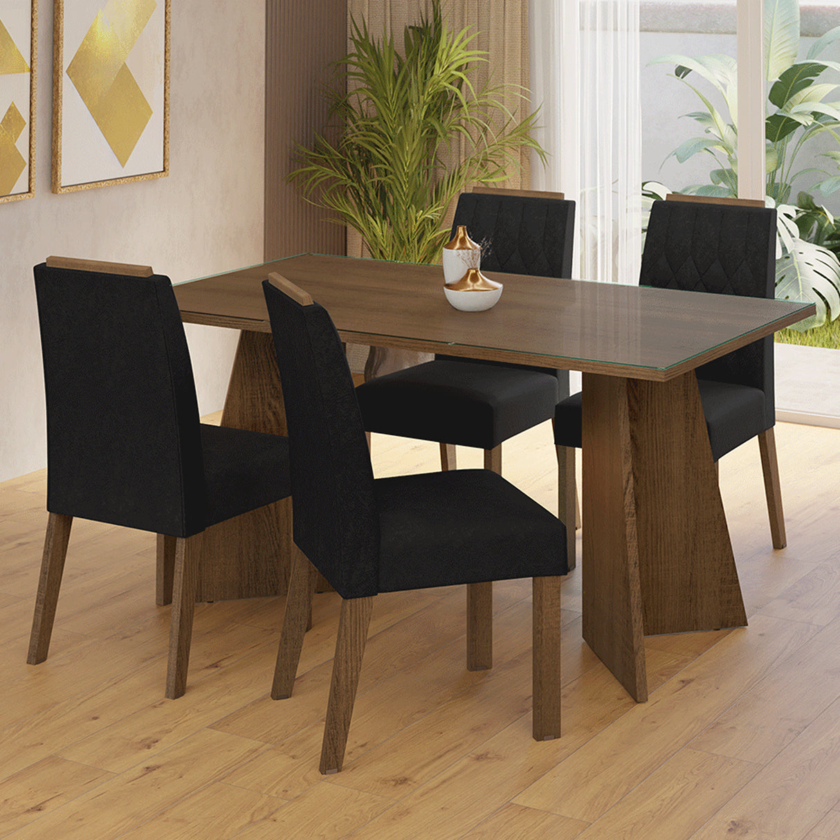 Juego de comedor Porto Marron Oxford y Negro 160x78cm Rectangular de Cuatro Puestos con Cuatro Sillas - COMEDORES | Bylmo