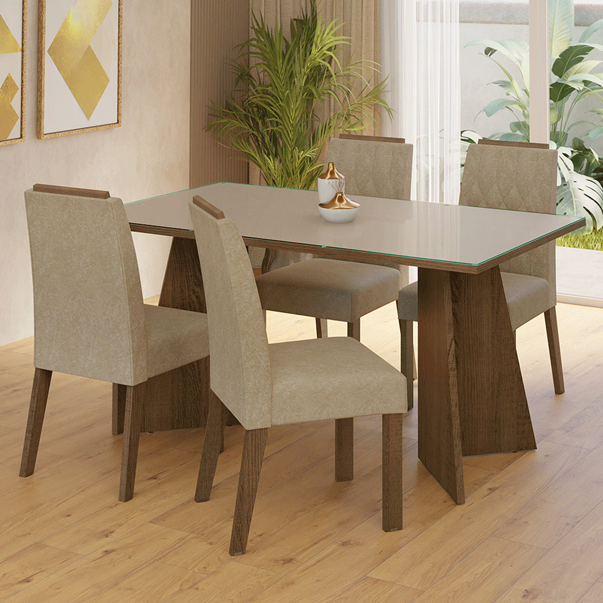 Juego de comedor Porto Marrón y Crema 160x78cm Rectangular de Cuatro Puestos con Cuatro Sillas - COMEDORES | Bylmo
