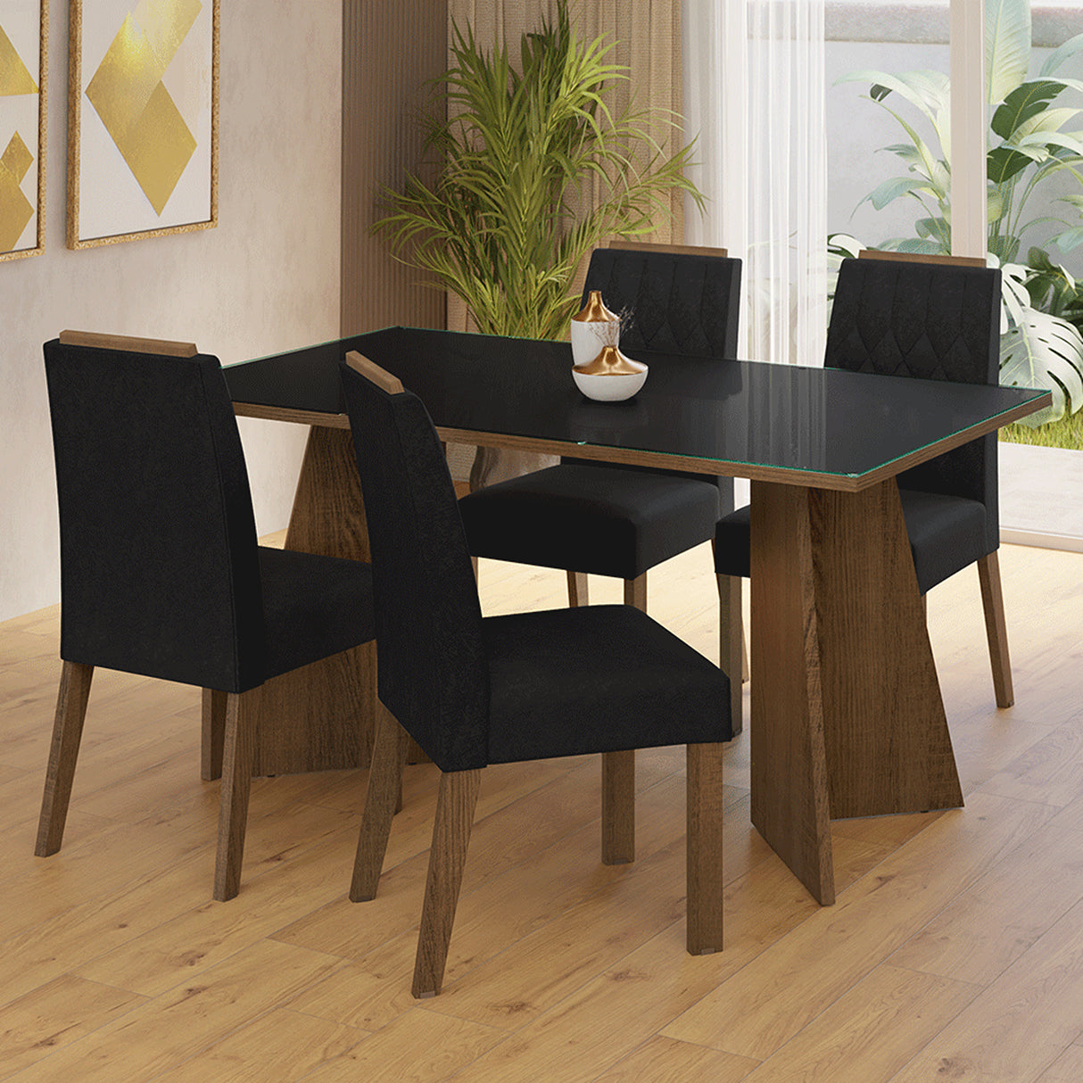 Juego de comedor Porto Marrón y Negro 160x78cm Rectangular de Cuatro Puestos con Cuatro Sillas - COMEDORES | Bylmo
