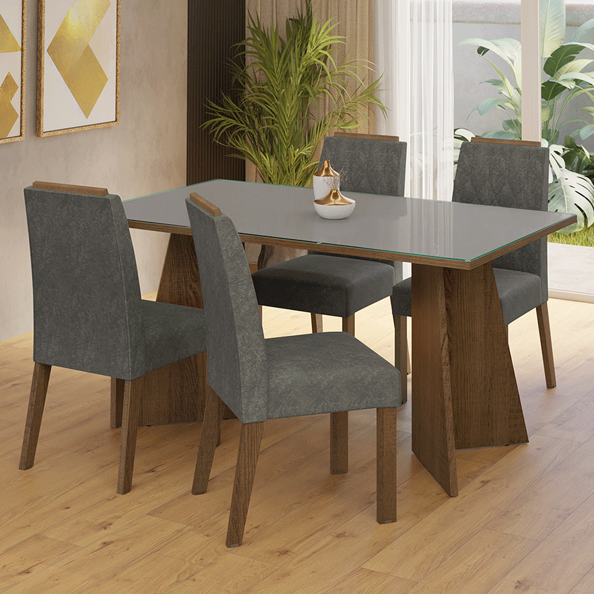 Juego de comedor Porto Marrón y Gris 160x78cm Rectangular de Cuatro Puestos con Cuatro Sillas - COMEDORES | Bylmo