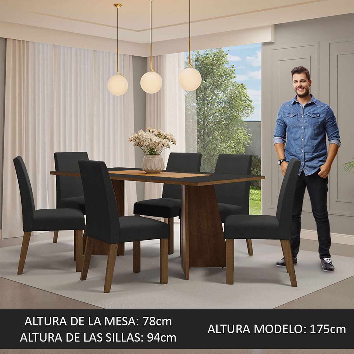 Juego de comedor Simone Marrón y Negro 180x78cm Rectangular de Seis Puestos con Seis Sillas - COMEDORES | Bylmo