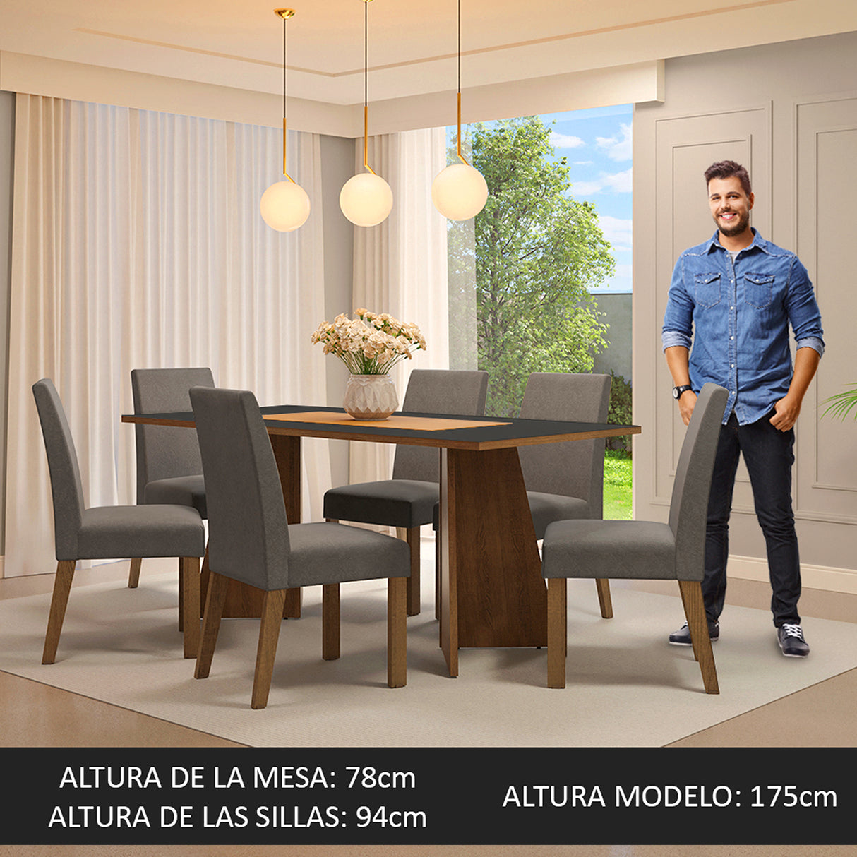 Juego de comedor Simone Negro y Marrón 180x78cm Rectangular de Seis Puestos con Seis Sillas - COMEDORES | Bylmo