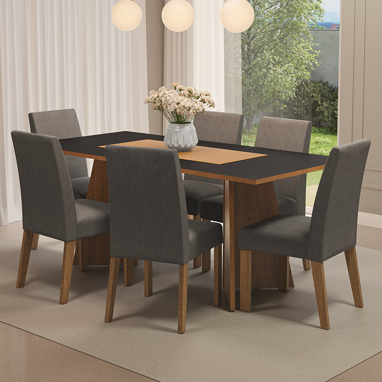 Juego de comedor Simone Negro y Marrón 180x78cm Rectangular de Seis Puestos con Seis Sillas - COMEDORES | Bylmo