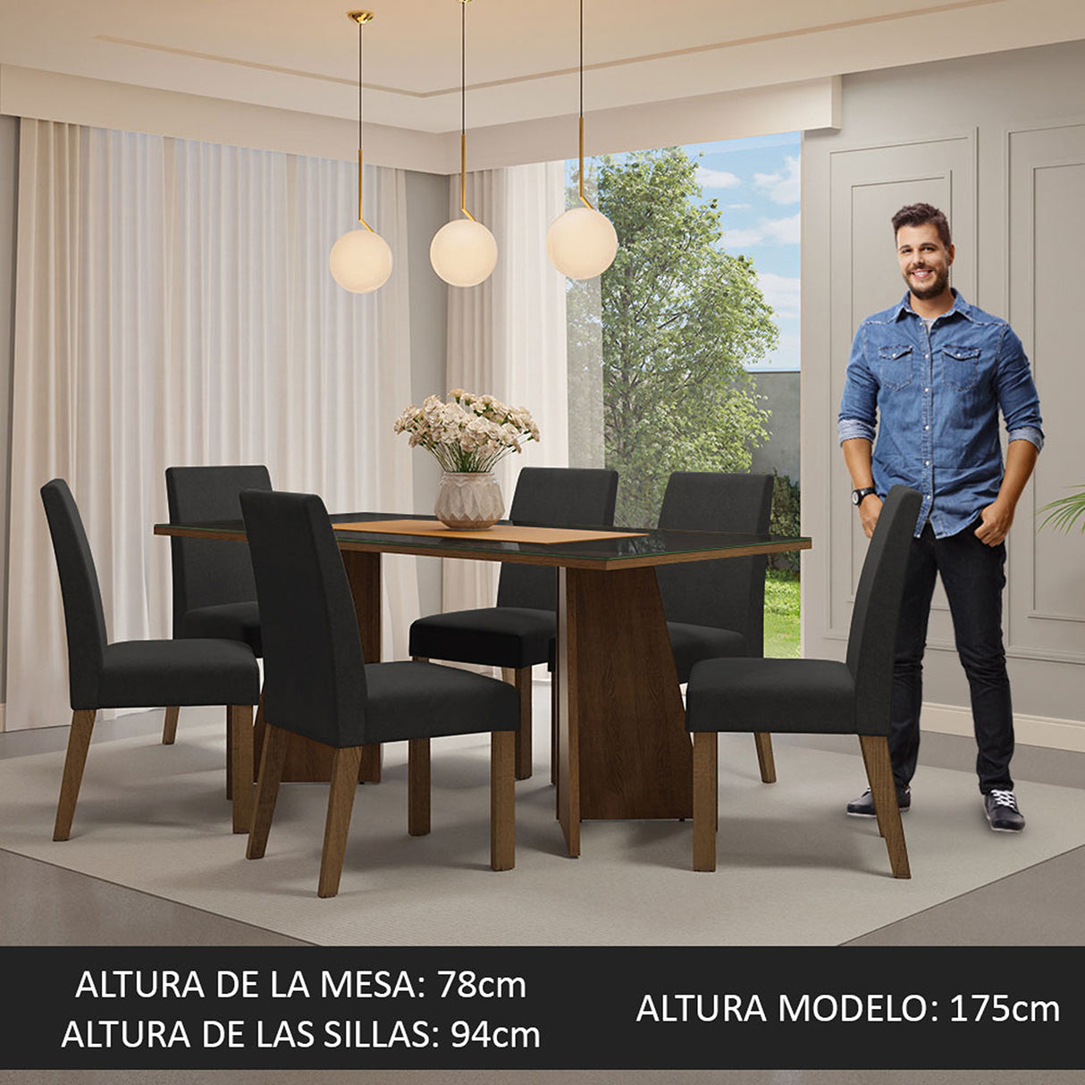 Juego de comedor Valerie Marrón y Negro 180x78cm Rectangular de Seis Puestos con Seis Sillas - COMEDORES | Bylmo