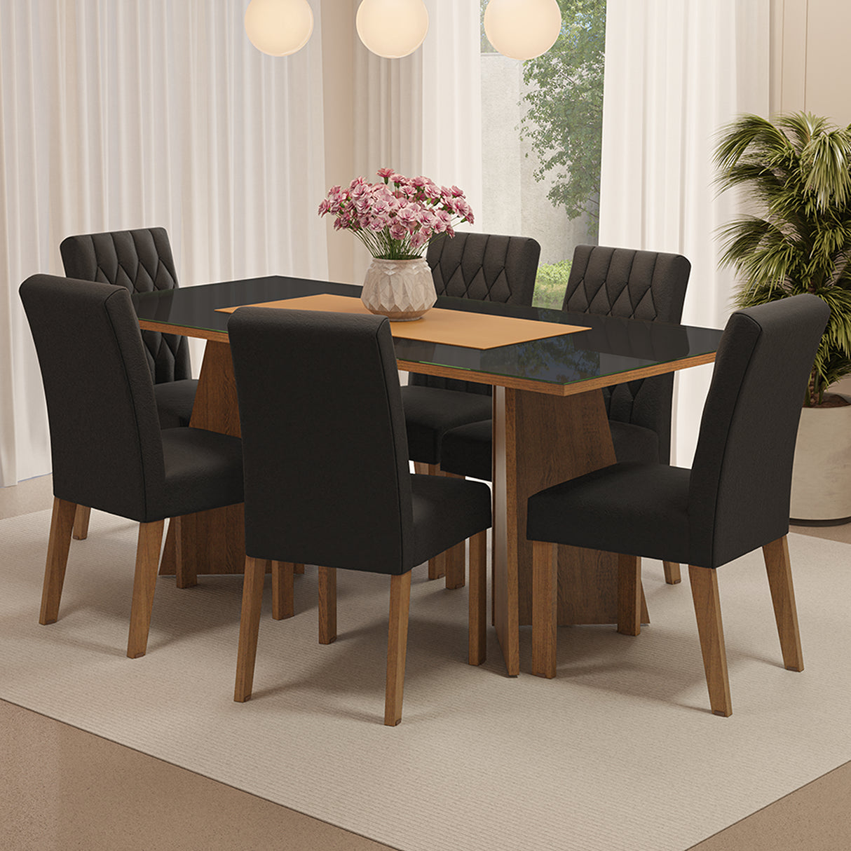 Juego de comedor Marissa Marrón y Negro 180x78cm Rectangular de Seis Puestos con Seis Sillas - COMEDORES | Bylmo