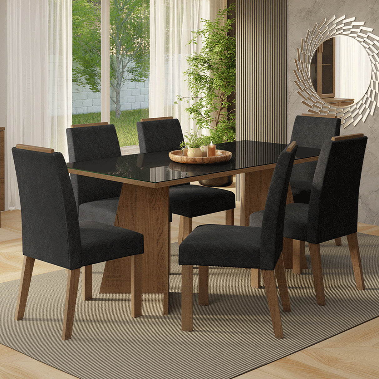 Juego de comedor Amalfi Marrón y Negro Oxford 180x78cm Rectangular de Seis Puestos con Seis Sillas - COMEDORES | Bylmo