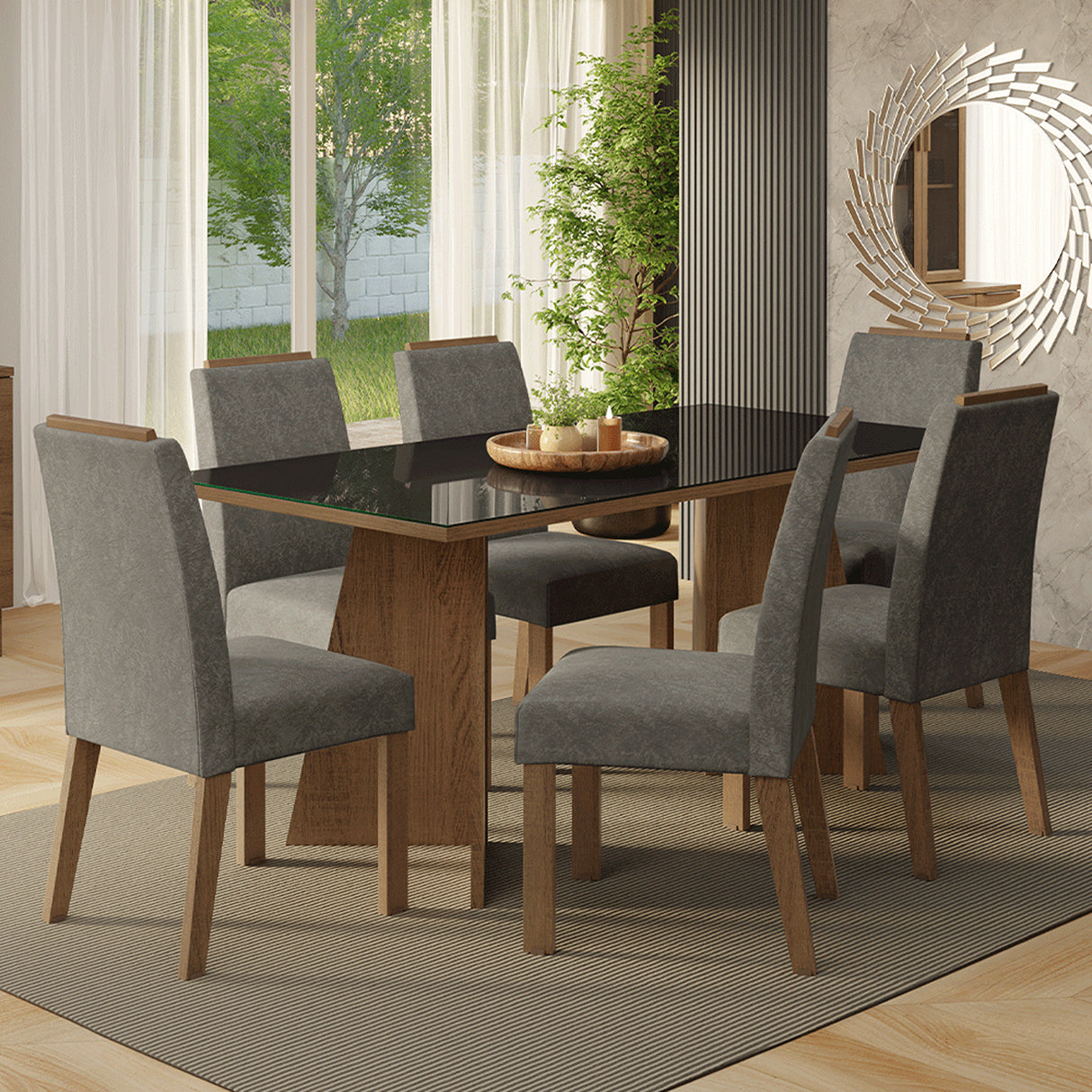 Juego de comedor Amalfi Marrón y Negro 180x78cm Rectangular de Seis Puestos con Seis Sillas - COMEDORES | Bylmo