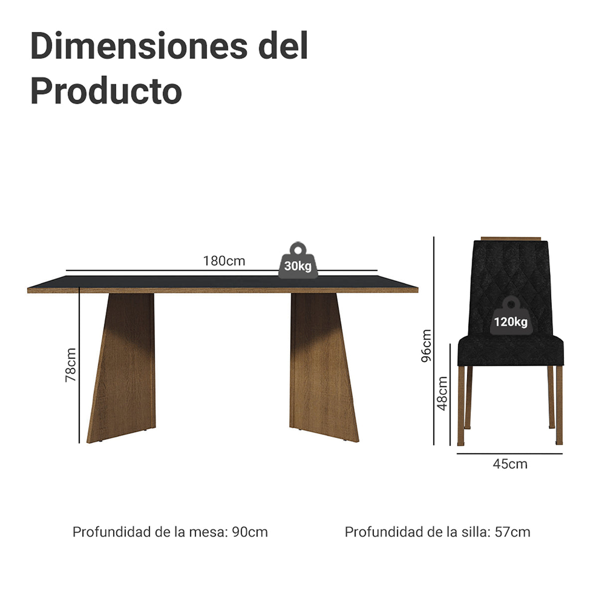 Juego de comedor York Marrón y Negro Oxford 180x78cm Rectangular de Seis Puestos con Seis Sillas - COMEDORES | Bylmo