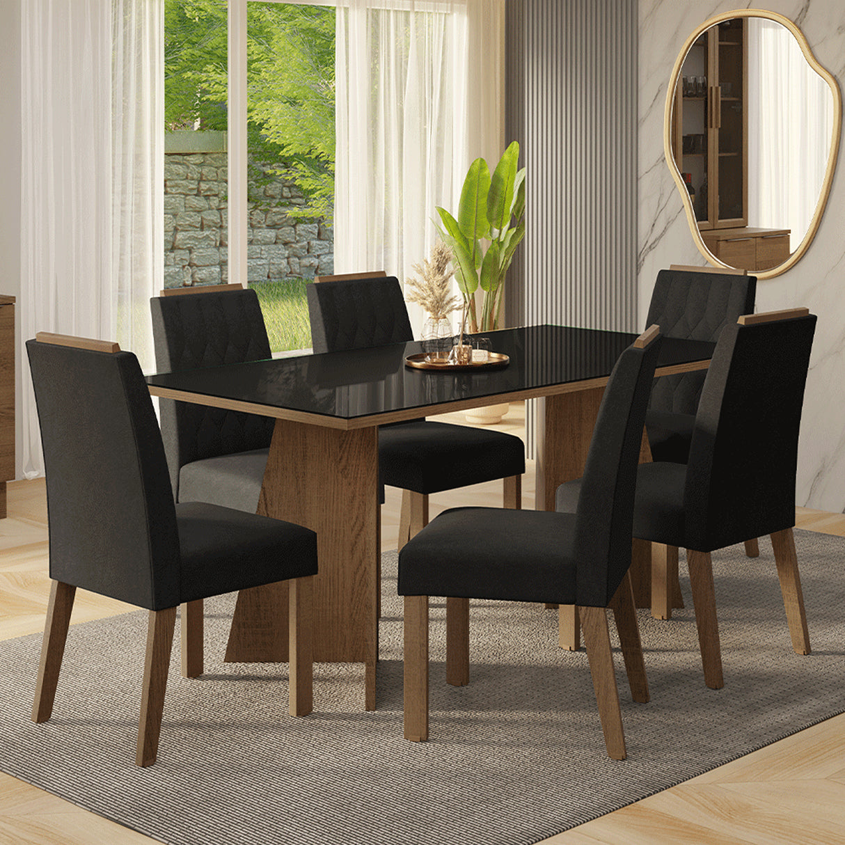 Juego de comedor Siena Marrón y Negro Oxford 180x78cm Rectangular de Seis Puestos con Seis Sillas - COMEDORES | Bylmo