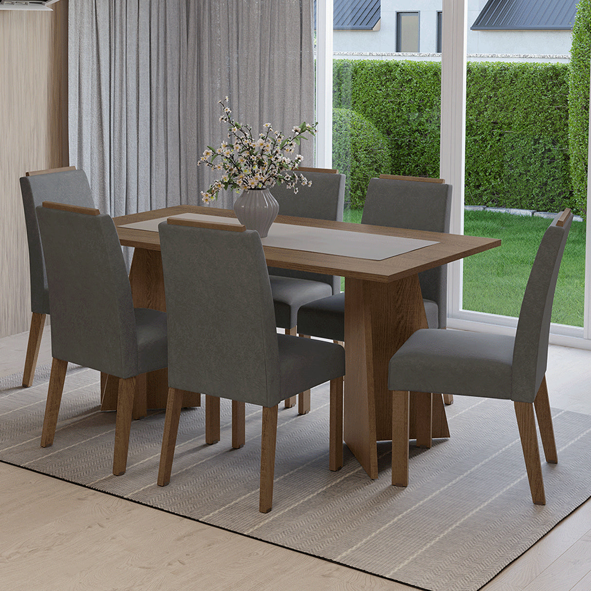 Juego de comedor Soho Marrón y Plateado 160x78cm Rectangular de Seis Puestos con Seis Sillas - COMEDORES | Bylmo