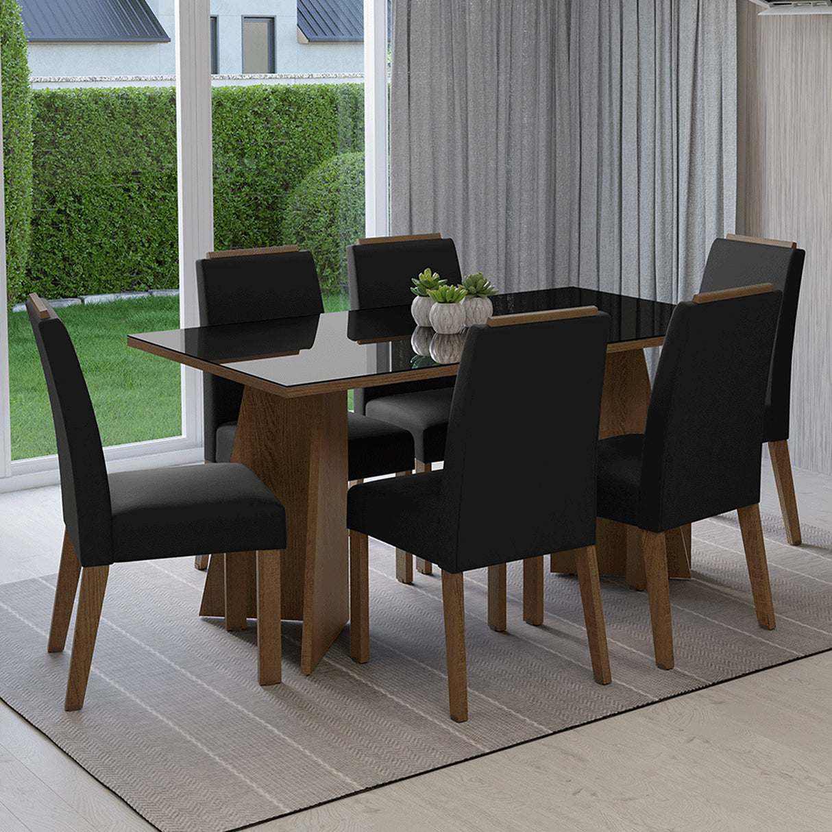 Juego de comedor Madrid Marrón y Negro Oxford 160x78cm Rectangular de Seis Puestos con Seis Sillas - COMEDORES | Bylmo