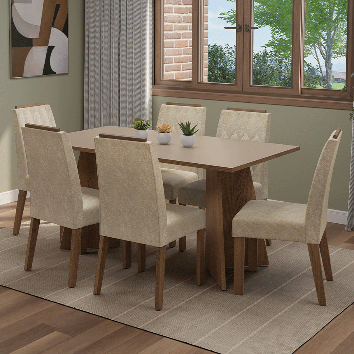 Juego de comedor Leon Marrón y Crema 160x78cm Rectangular de Seis Puestos con Seis Sillas - COMEDORES | Bylmo