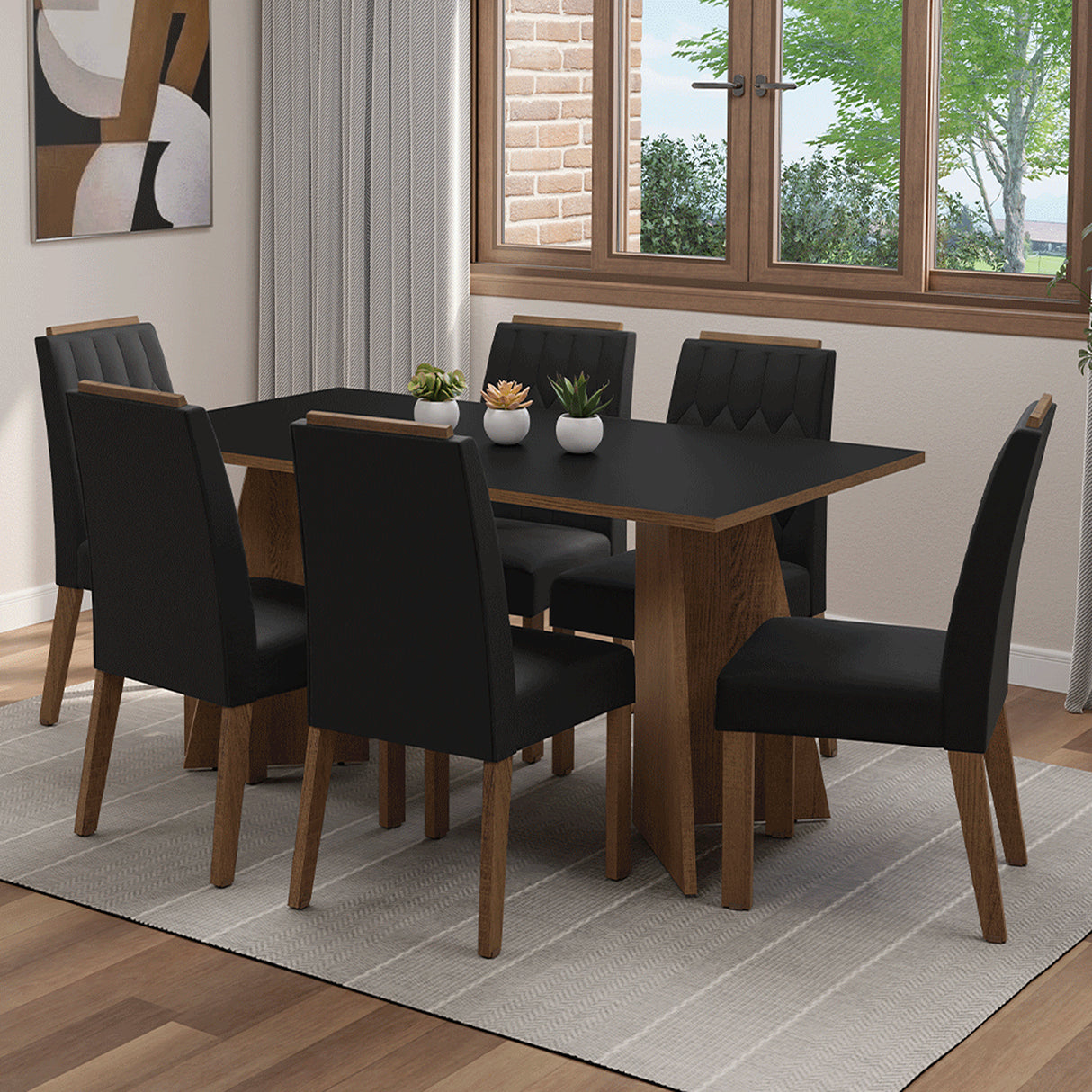 Juego de comedor Leon Marrón y Negro Oxford 160x78cm Rectangular de Seis Puestos con Seis Sillas - COMEDORES | Bylmo