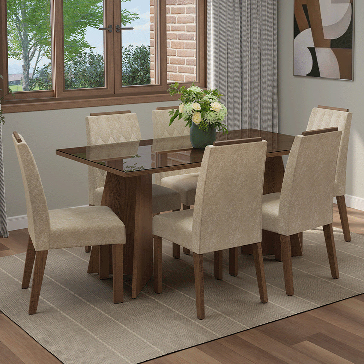 Juego de comedor Sintra Marrón y Beige 160x78cm Rectangular de Seis Puestos con Seis Sillas - COMEDORES | Bylmo