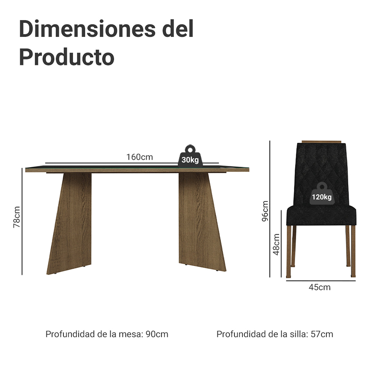 Juego de comedor Sintra Marrón y Negro Oxford 160x78cm Rectangular de Seis Puestos con Seis Sillas - COMEDORES | Bylmo