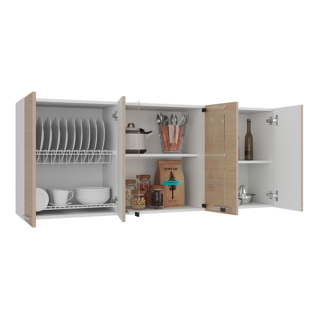 Mueble Superior de Cocina Blanco y Cartagena 150x60cm con Seis Puertas con Locero - MUEBLES SUPERIORES DE COCINA | Bylmo