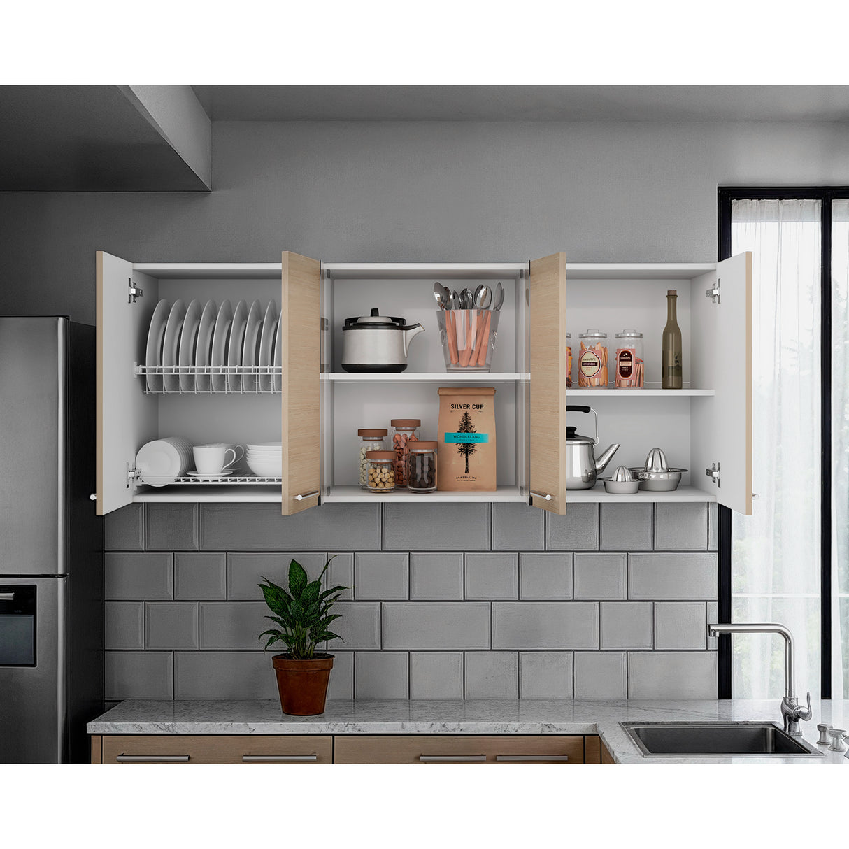 Mueble Superior de Cocina Blanco y Cartagena 150x60cm con Seis Puertas con Locero - MUEBLES SUPERIORES DE COCINA | Bylmo