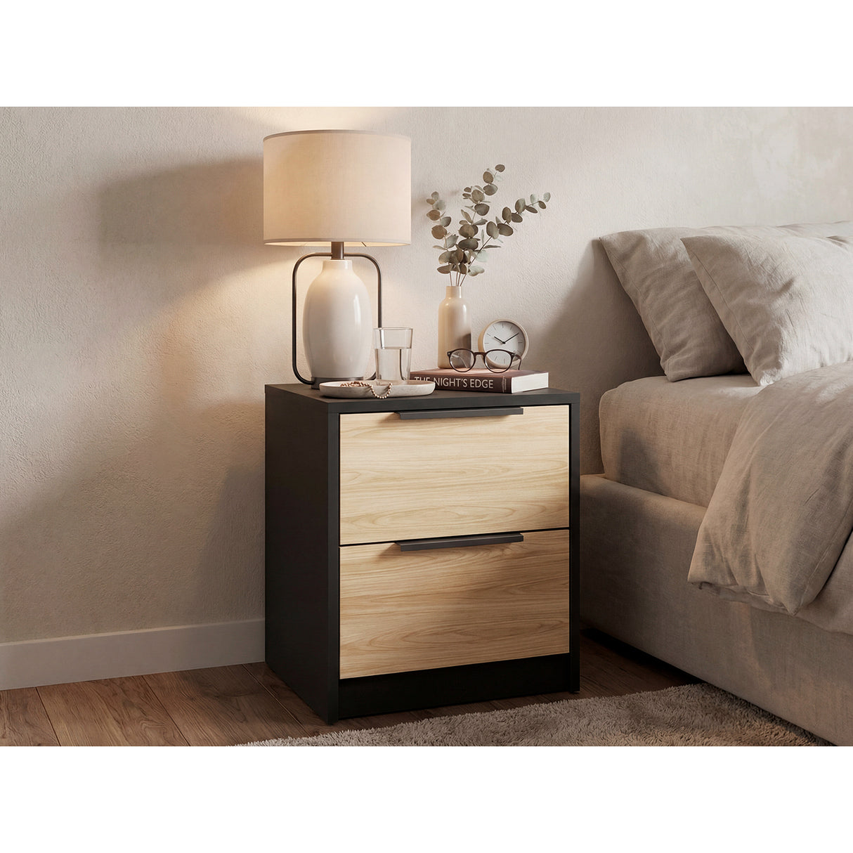 Mesa de Noche Kaia Fresno 48x41cm con Dos Cajones - MESAS DE NOCHE | Bylmo