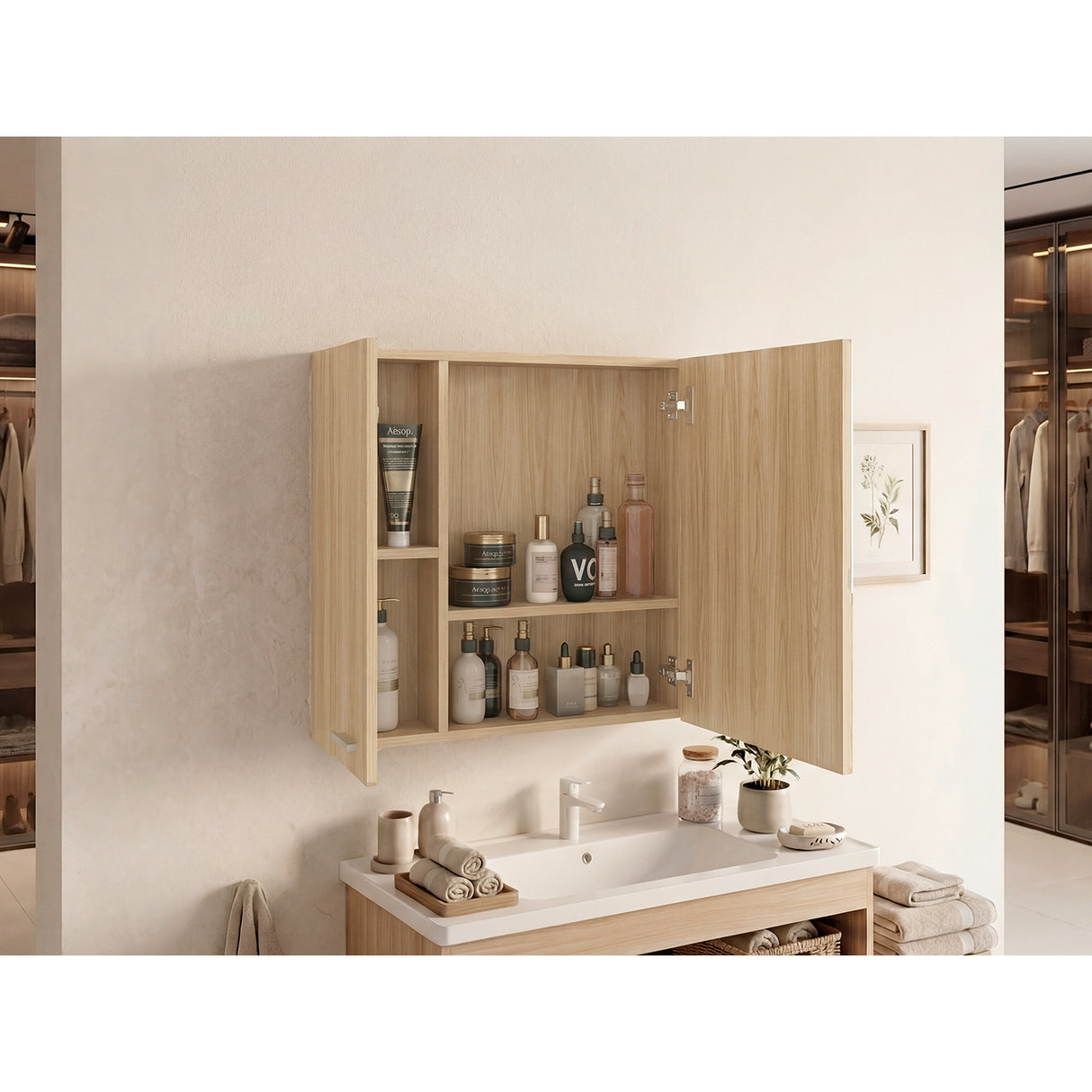 Gabinete de Baño Barcelona Fresno 60x60cm Cuadrado con Espejo y con Dos Entrepaños - GABINETES DE BANHO | Bylmo