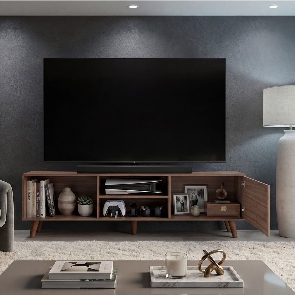 Rack de TV Cincinnati Avellana 180x52.5cm Para TV Hasta 70 Pulgadas con Un Cajón con Ranuras para Cables y con Patas - MUEBLES DE TV | Bylmo