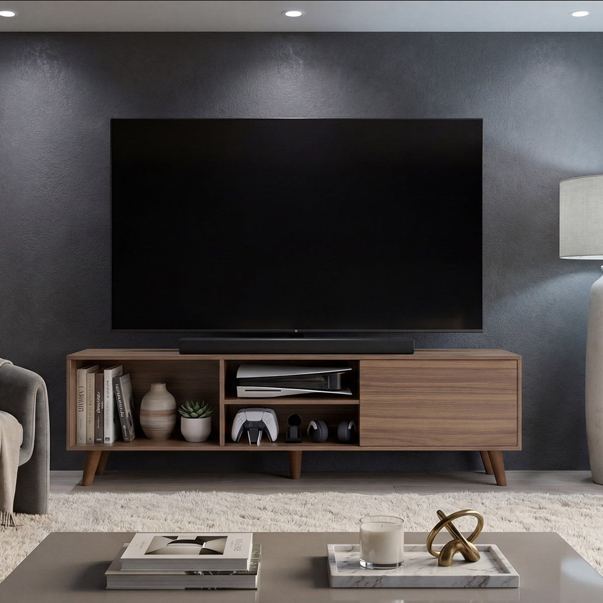 Rack de TV Cincinnati Avellana 180x52.5cm Para TV Hasta 70 Pulgadas con Un Cajón con Ranuras para Cables y con Patas - MUEBLES DE TV | Bylmo