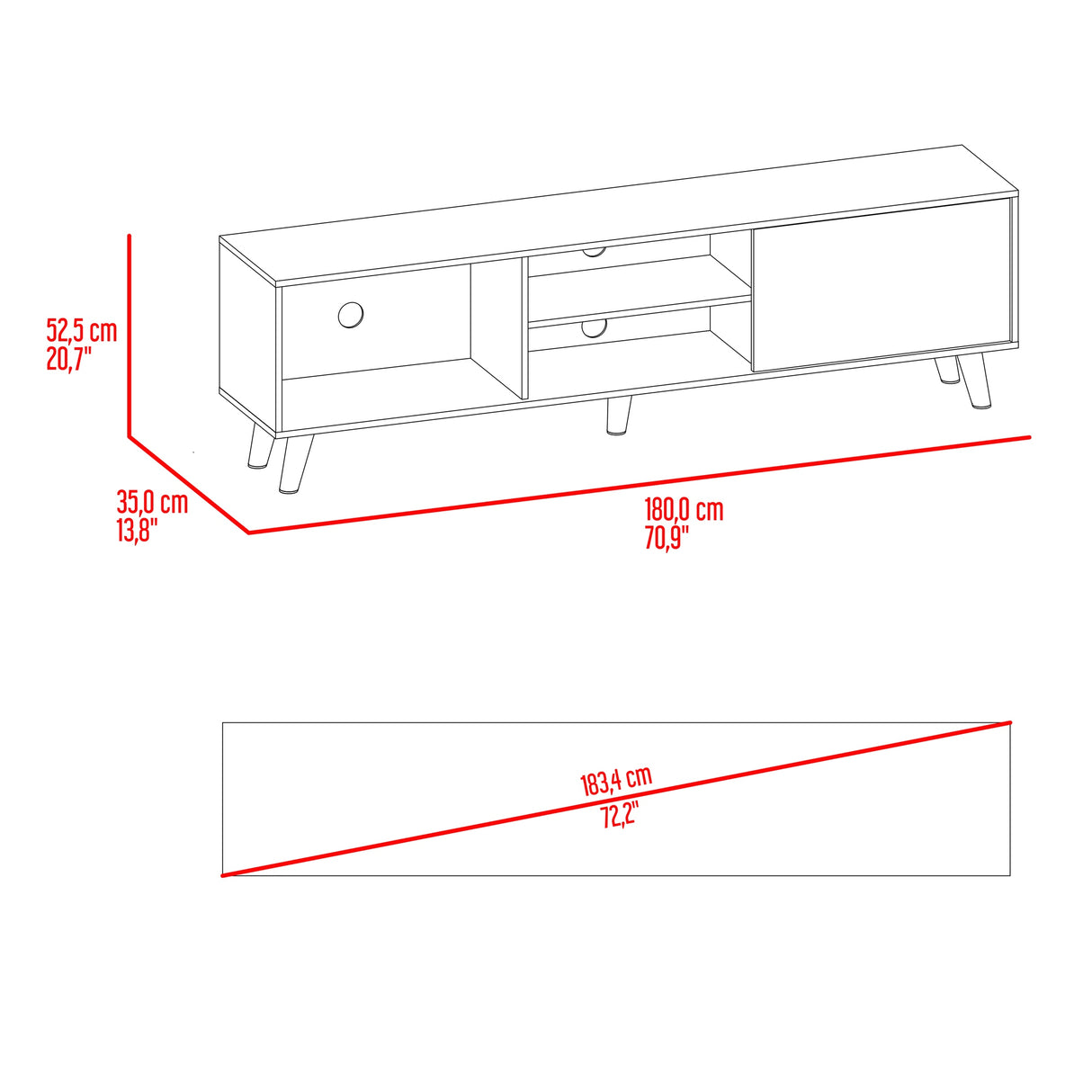 Rack de TV Cincinnati Avellana 180x52.5cm Para TV Hasta 70 Pulgadas con Un Cajón con Ranuras para Cables y con Patas - MUEBLES DE TV | Bylmo