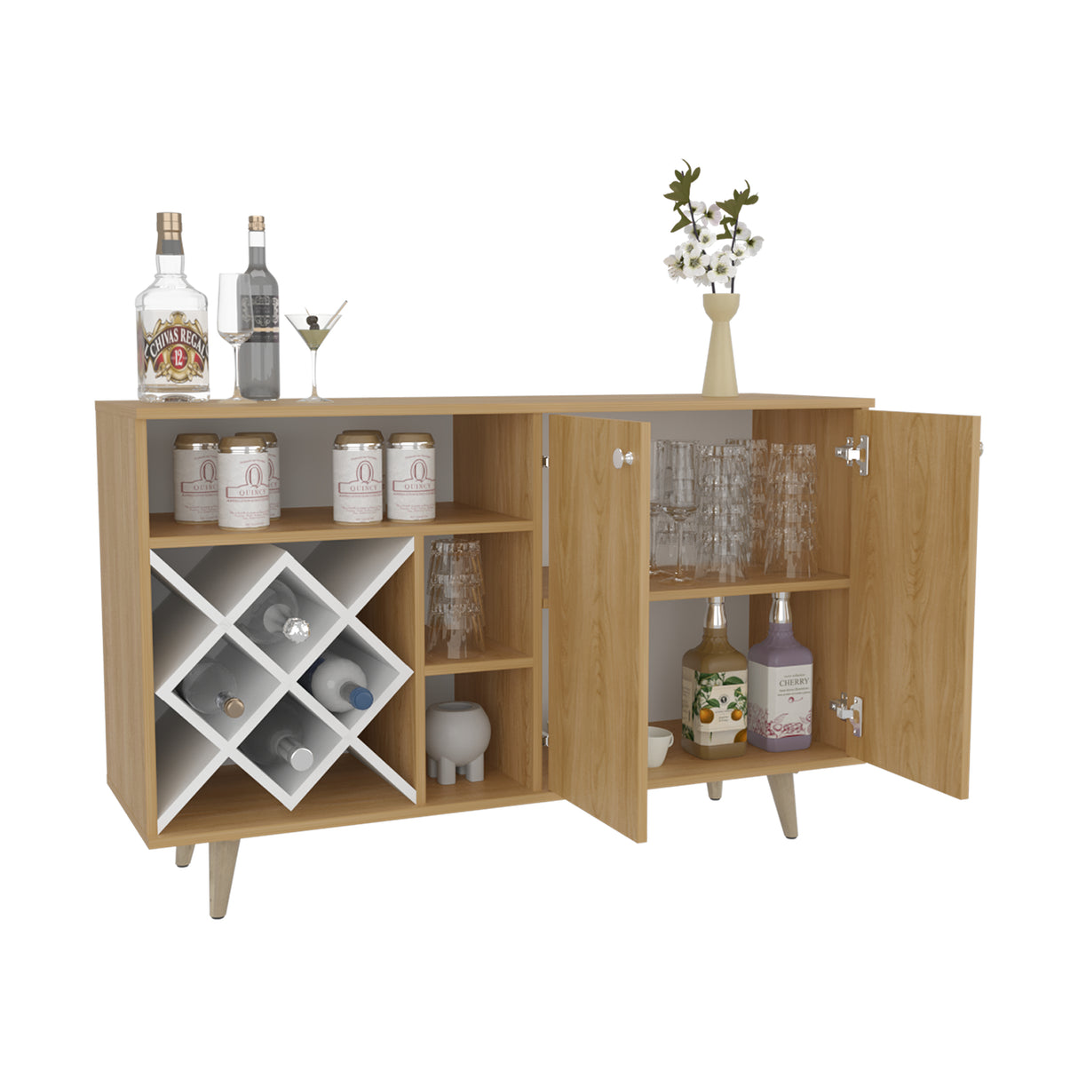 Bar Vithi Fresno y Blanco 120x73.6cm con Cinco Compartimientos y con Ocho Portabotellas - BARES | Bylmo