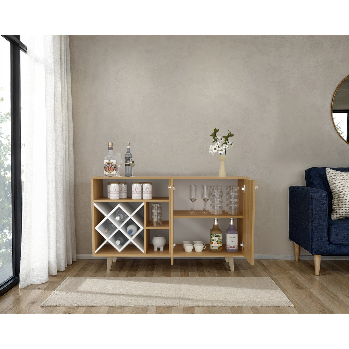 Bar Vithi Fresno y Blanco 120x73.6cm con Cinco Compartimientos y con Ocho Portabotellas - BARES | Bylmo