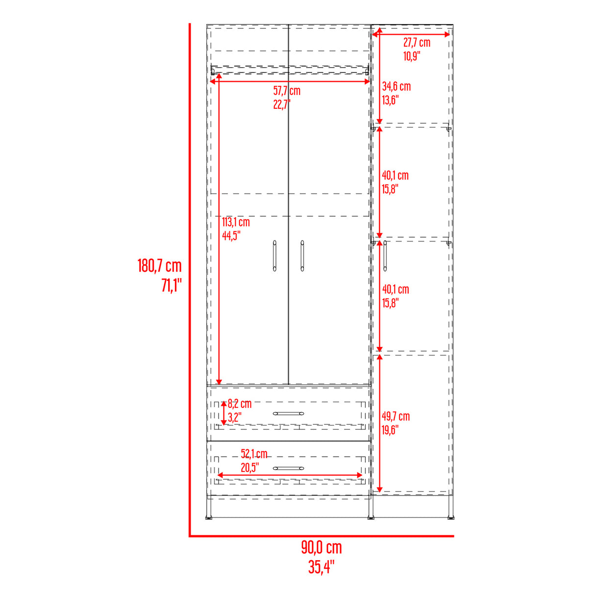 Closet Austral Avellana 90x180cm con 2 Cajones con 3 Entrepaños - CLOSETS | Bylmo
