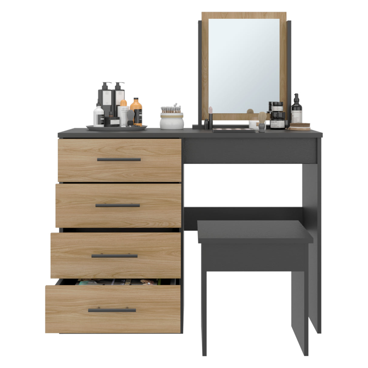 Tocador Kaia Wengue y Fresno 100x126.7cm con Cuatro Cajones y con Espejo - TOCADORES | Bylmo