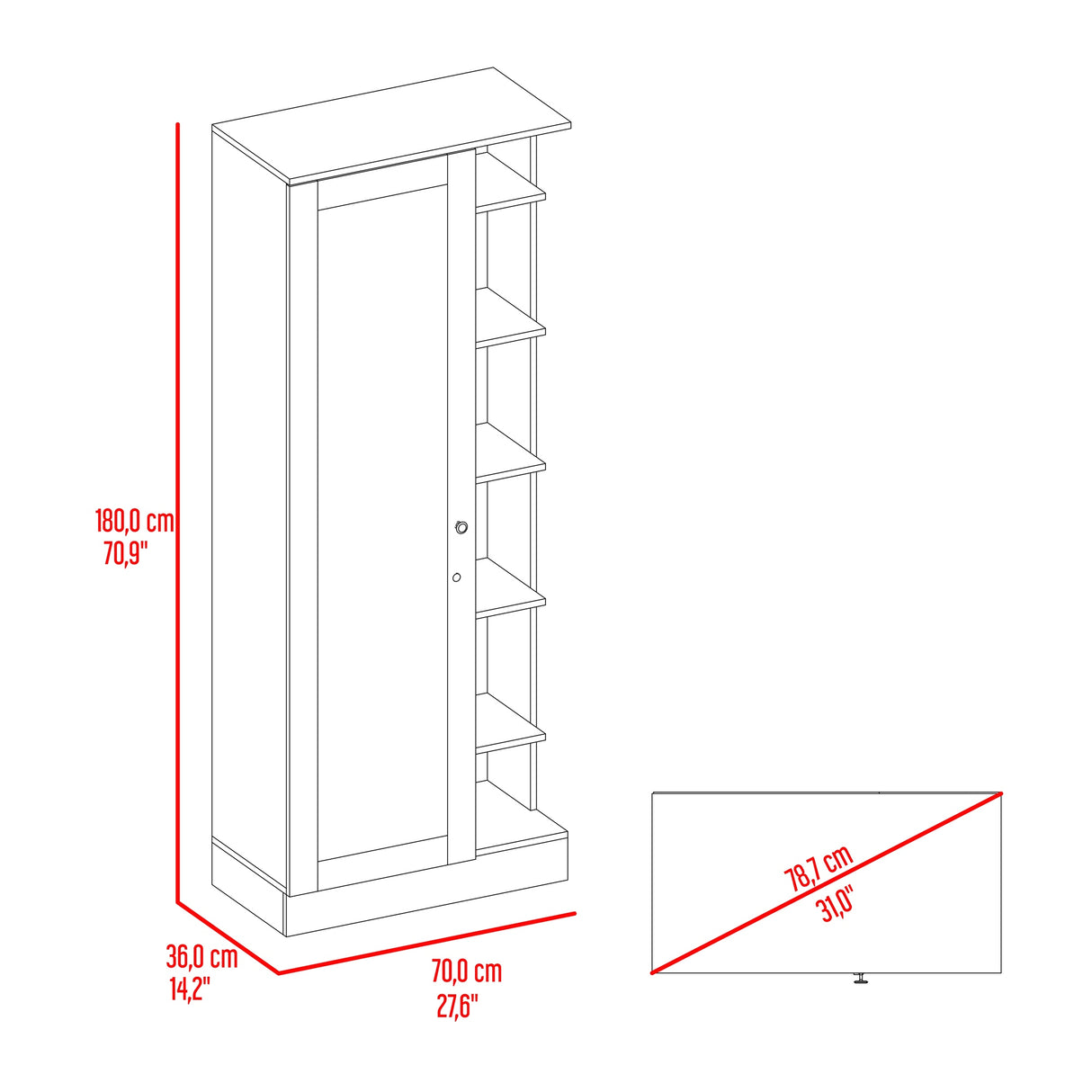 Closet Woman Fresno 70x180.7cm sin Cajones con 9 Entrepaños con Espejo - CLOSETS | Bylmo