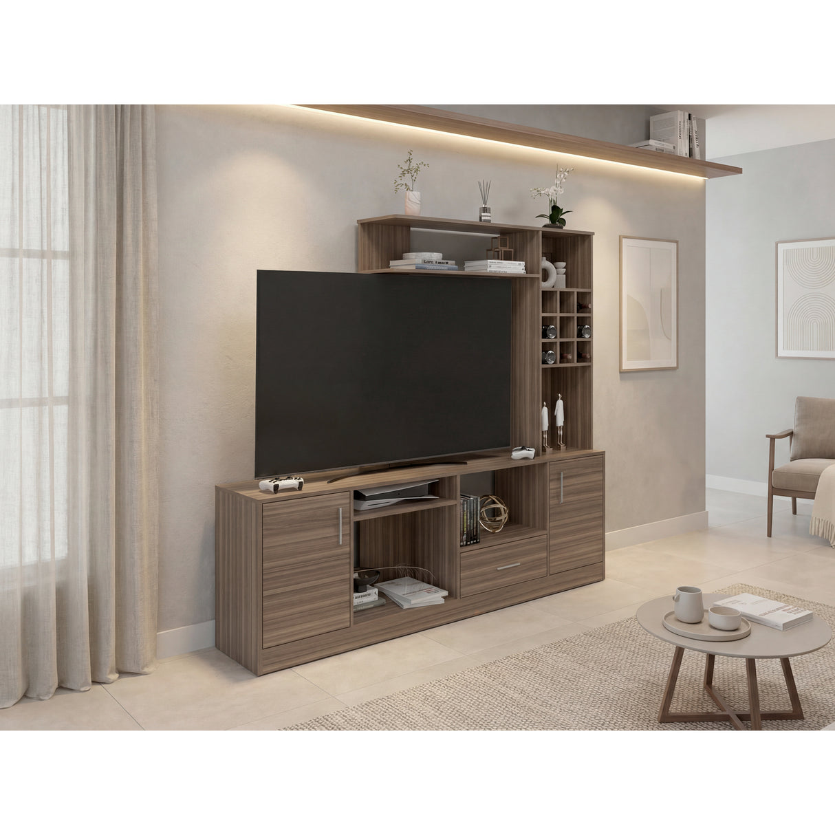 Centro de Entretenimiento kava Avellana 200x180.7cm Para TV Hasta 60 Pulgadas con Dos Cajones - MUEBLES DE TV | Bylmo