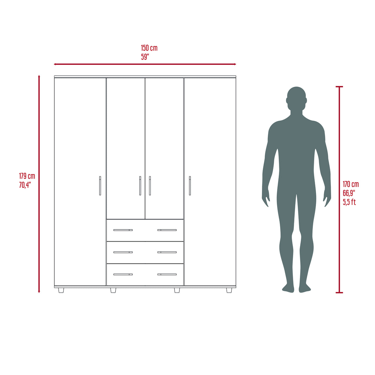 Closet Avellana y Blanco 150x179cm con 6 Cajones con 2 Entrepaños - CLOSETS | Bylmo
