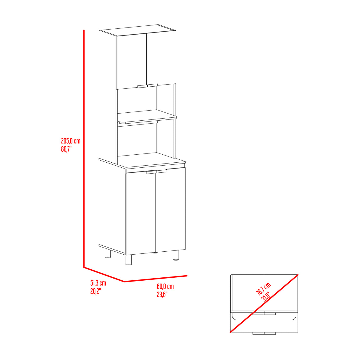 Módulo Microondas Fendi Cartagena 60x205cm sin Cajones y con Cuatro Puertas - ALACENAS Y MUEBLES MICROONDAS | Bylmo