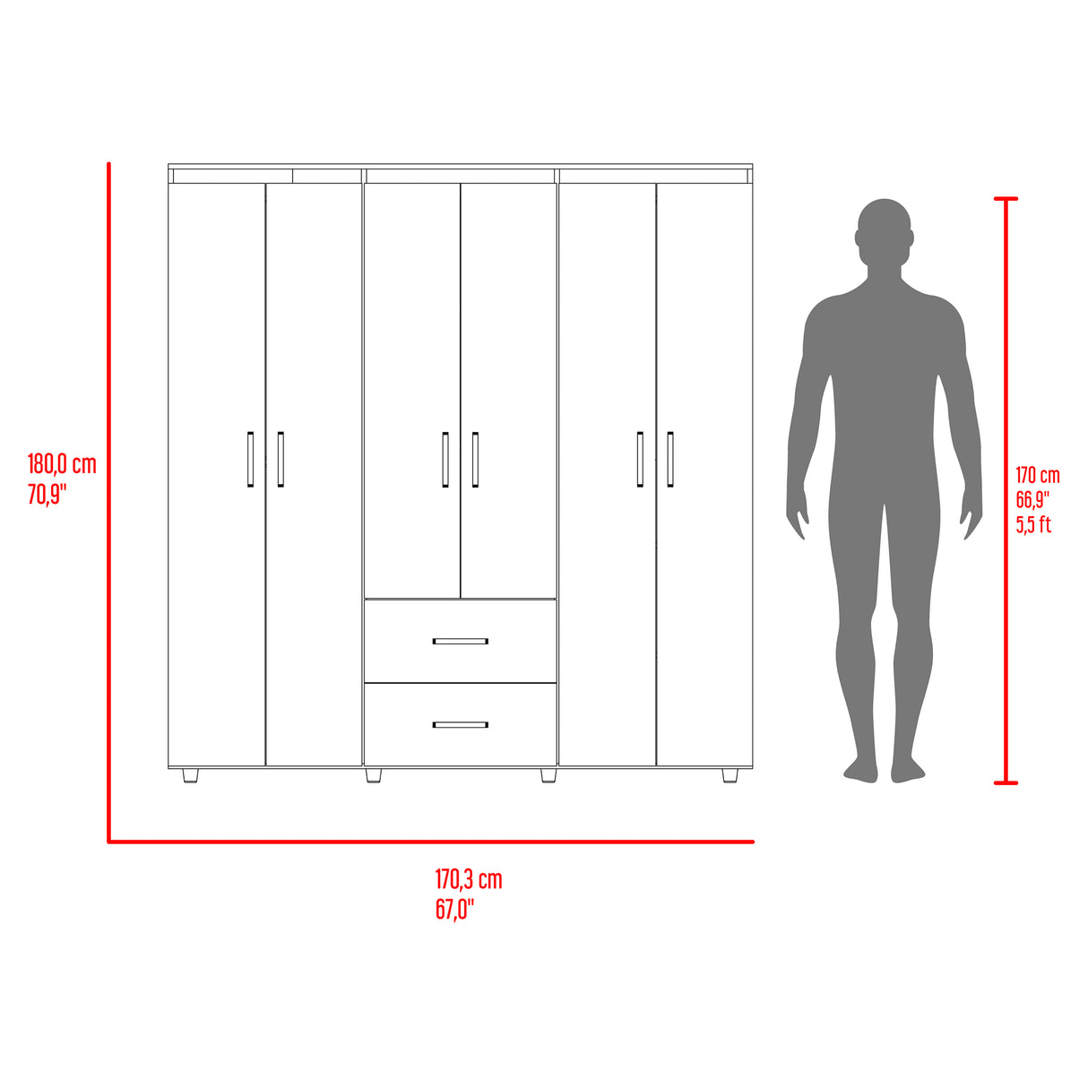 Closet Bariloche Blanco Positano 170.3x180cm con Seis Puertas y con Dos Cajones - CLOSETS | Bylmo