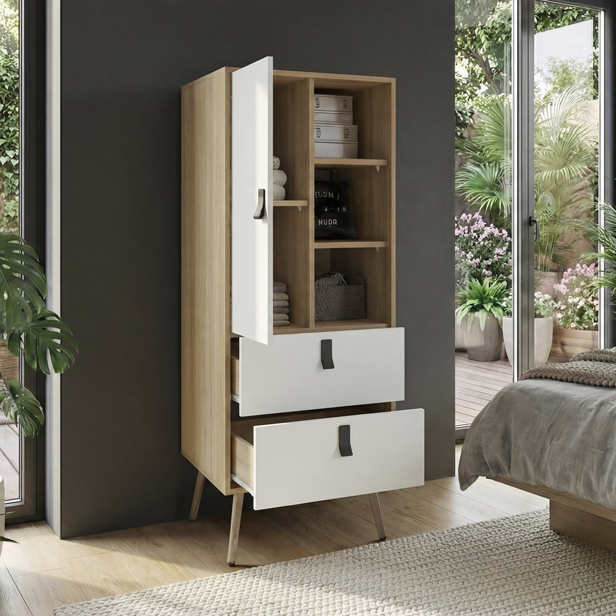 Cómoda Huna Fresno y Blanco 51x142cm con 3 Cajones Moderno - CAJONERAS Y COMODAS | Bylmo