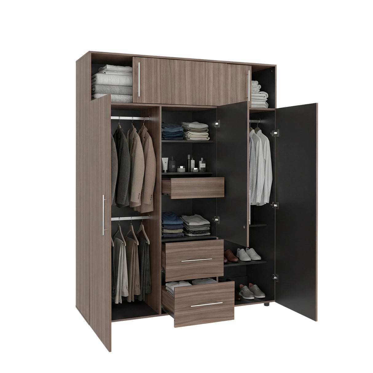 Closet Bigaf Avellana y Wengue 160x204cm Con Tres Cajones y Cuatro Entrepaños - CLOSETS | Bylmo