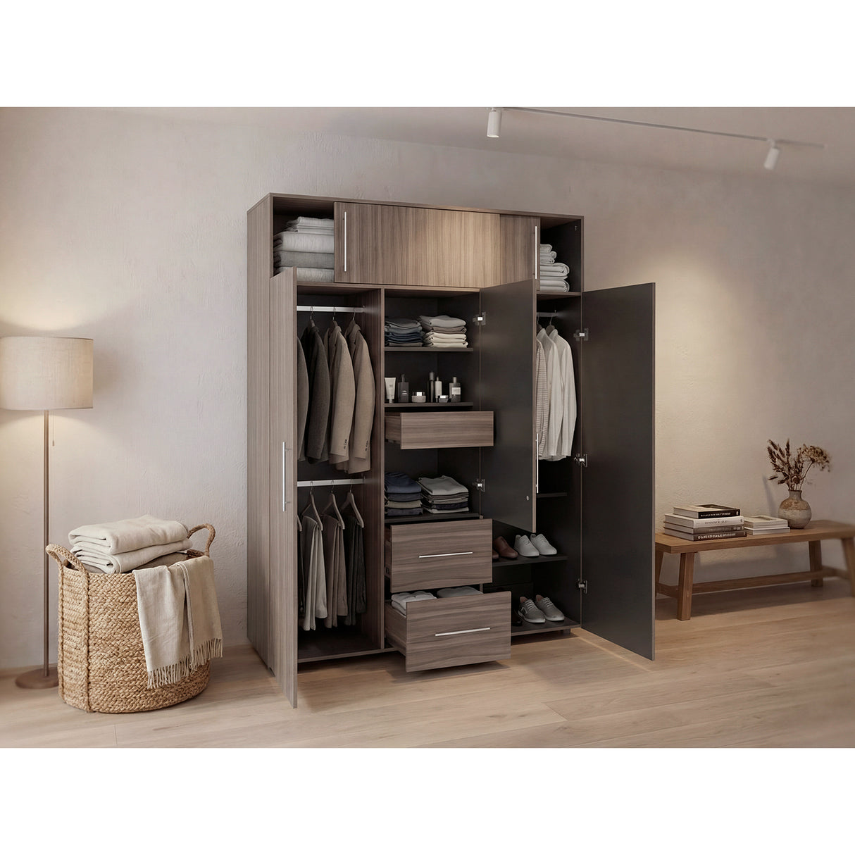 Closet Bigaf Avellana y Wengue 160x204cm Con Tres Cajones y Cuatro Entrepaños - CLOSETS | Bylmo