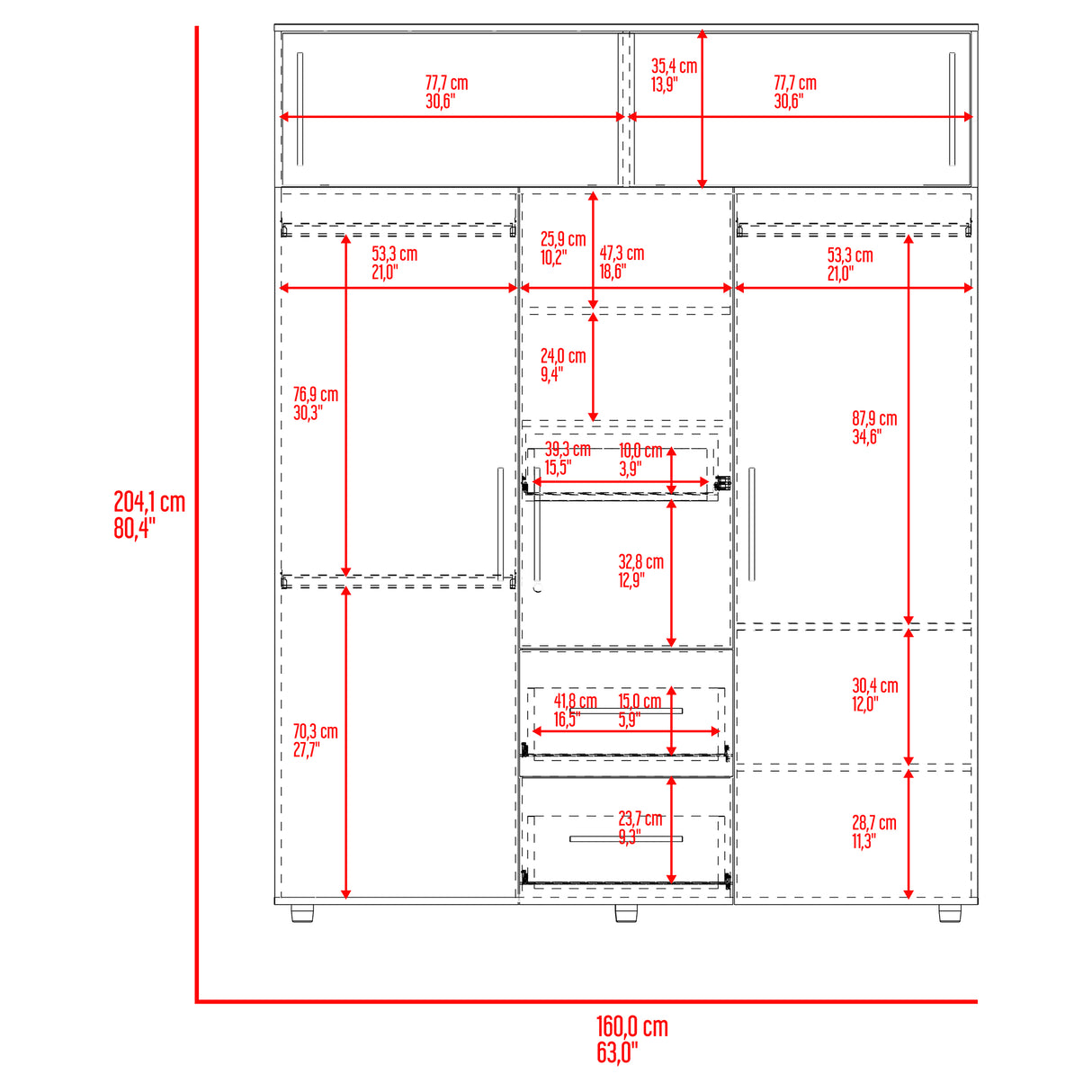 Closet Bigaf Avellana y Wengue 160x204cm Con Tres Cajones y Cuatro Entrepaños - CLOSETS | Bylmo