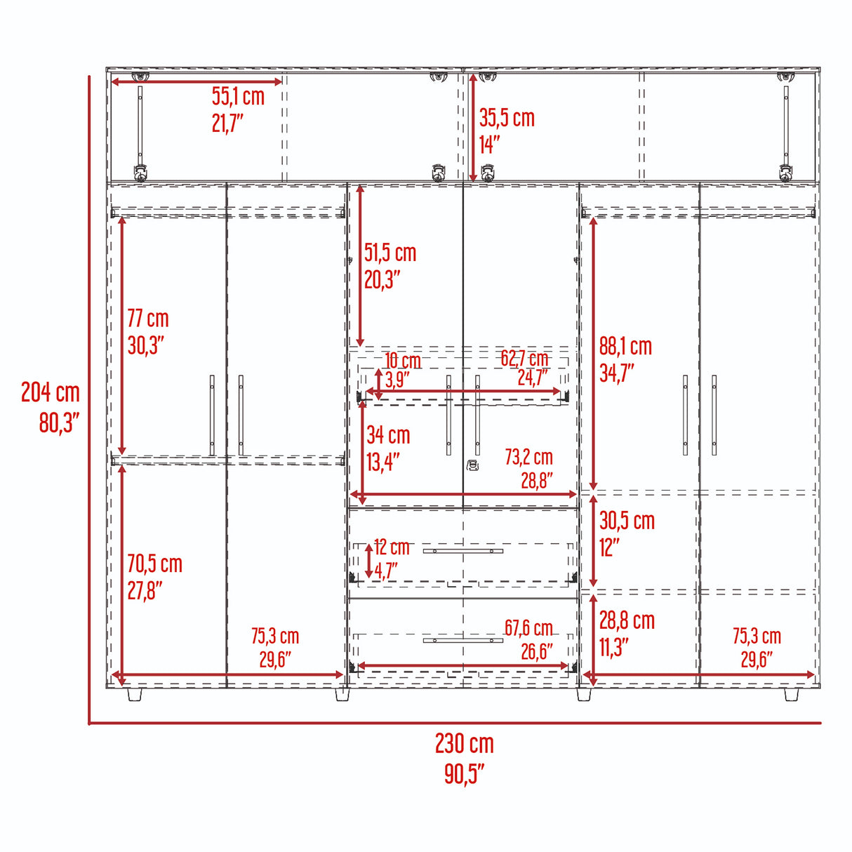 Closet Bigaf Avellana y Wengue 230x204cm Con Tres Cajones y Ocho Puertas - CLOSETS | Bylmo
