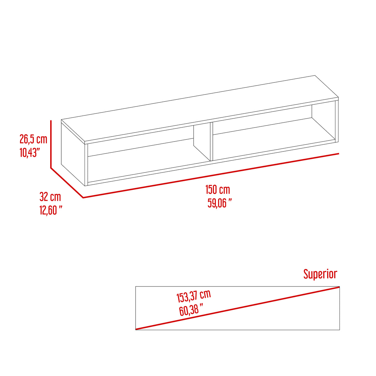 Rack de TV Flotante Gris Positano 150x26.5cm Para TV Hasta 65 Pulgadas con Ranuras para Cables - MUEBLES DE TV | Bylmo
