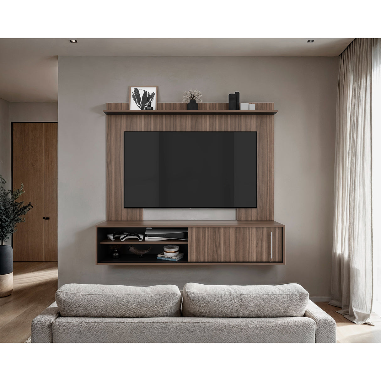 Panel de TV Bigaf Avellana y Wengue 145.6x38cm Para TV Hasta 60 Pulgadas Flotante - MUEBLES DE TV | Bylmo