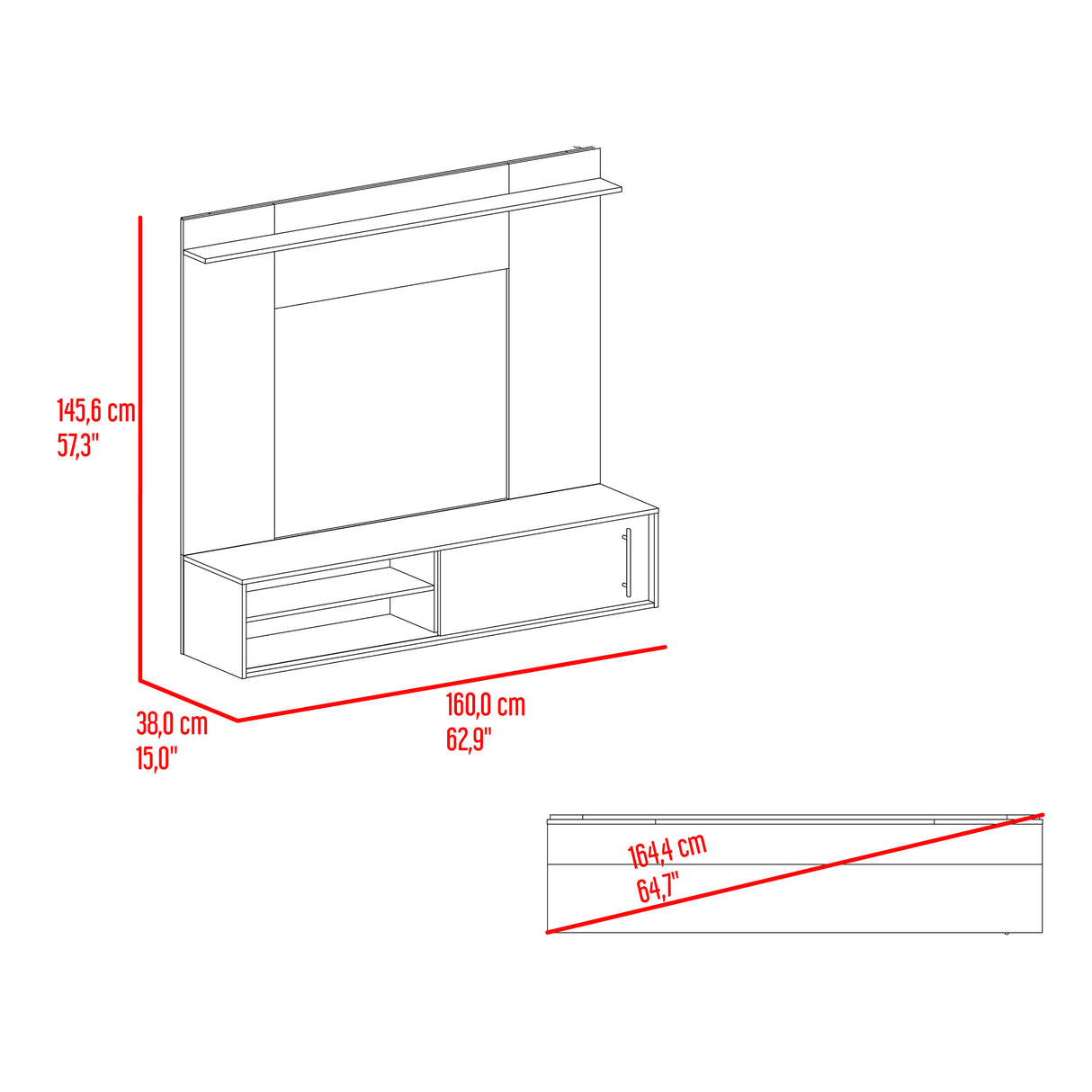 Panel de TV Bigaf Avellana y Wengue 145.6x38cm Para TV Hasta 60 Pulgadas Flotante - MUEBLES DE TV | Bylmo
