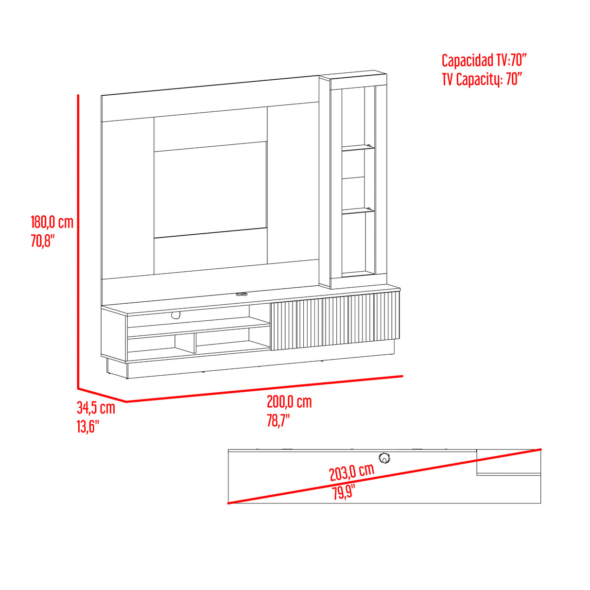 Centro de Entretenimiento Yakarta Avellana 200x180cm para TV Hasta 65" Pulgadas y con Siete Compartimientos - MUEBLES DE TV | Bylmo