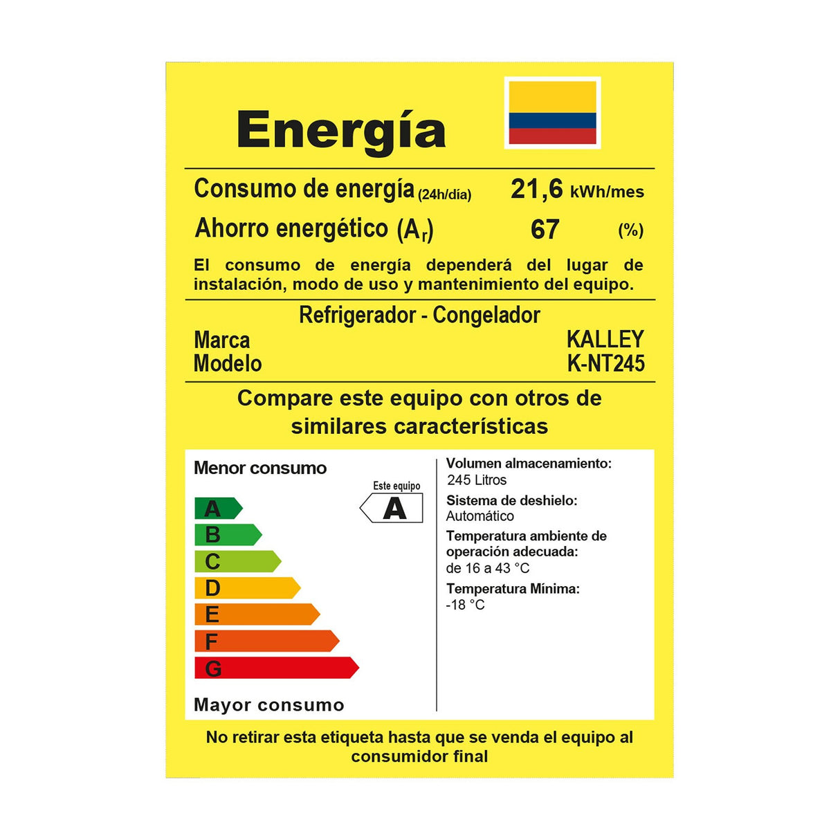 Nevera Inverter No Frost Kalley Gris Oscuro 54x166.8cm de 245 Litros con Dispensador de Agua y con Congelador Superior - NEVERAS | Bylmo