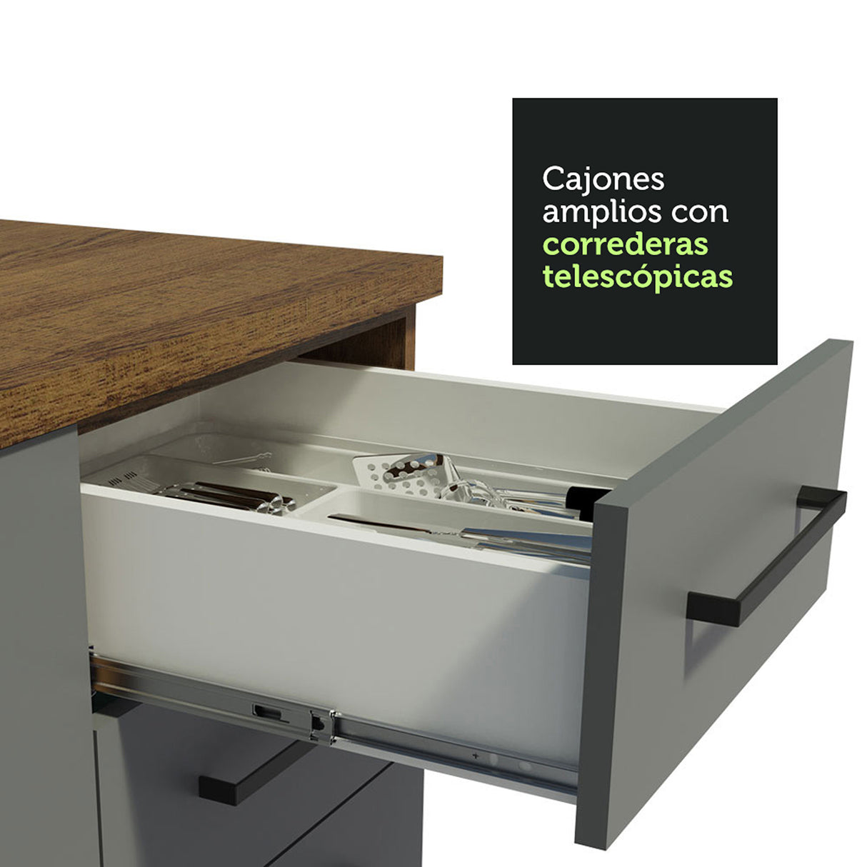 Gabinete de Cocina Agata Marrón y Gris 120x84cm con Mesón de Madera Aglomerada MDP sin Pozuelo y con Tres Cajones - MUEBLES INFERIORES DE COCINA | Bylmo